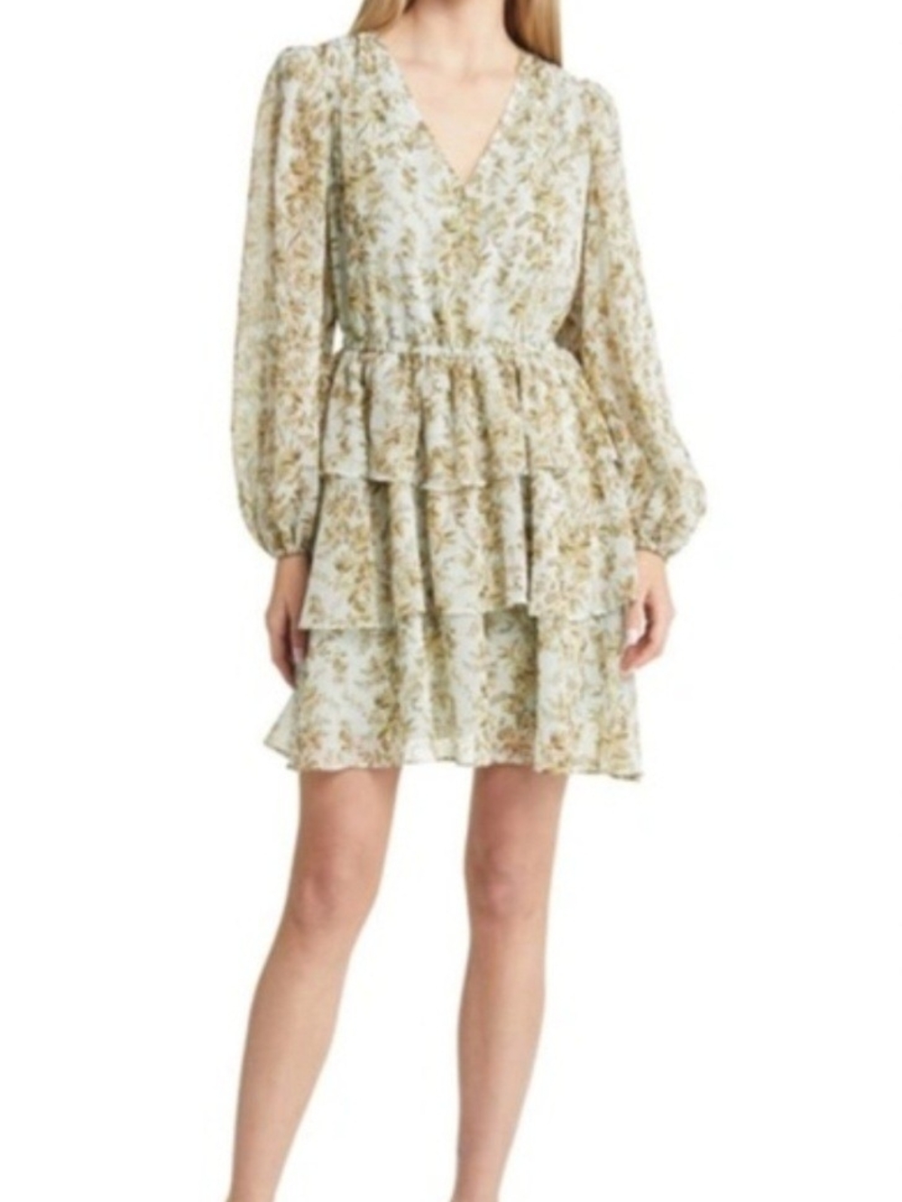 Floral Tiered V-Neck Dress in Cream and Light Green